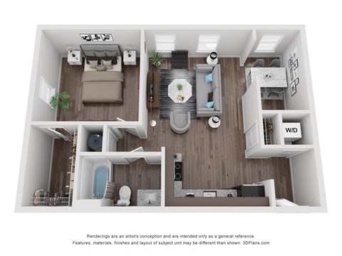 Floor plan for 1 bed, 1 bath, 686 sqft